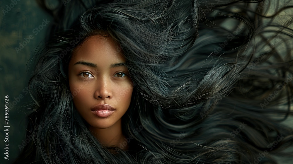 Naklejka premium Beautiful woman with long healthy hair. Trendy elegant color.