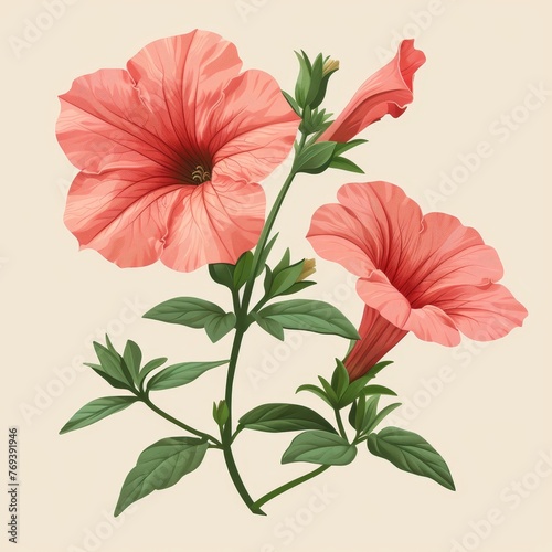 Flat Design, Beautiful Petunia Flower Illustration, Vector Style.