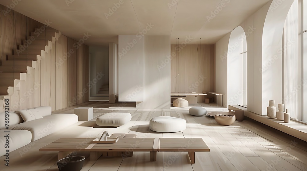 Modern interior japandi style design livingroom lighting and sunny scandinavian apartment with plaster and wood