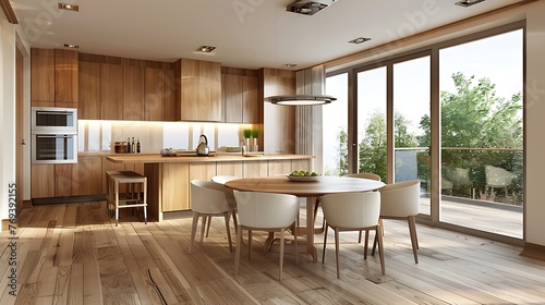 Modern interior design of wooden kitchen with round dining table and chairs near window dining table and chairs