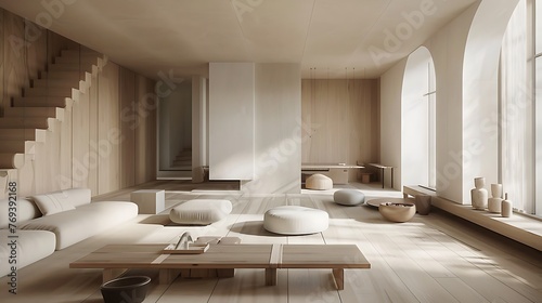 Modern interior japandi style design livingroom lighting and sunny scandinavian apartment with plaster and wood