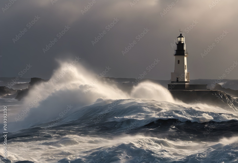 A view of a Lighthouse with large waves