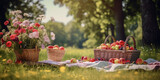 Basket with flowers near fruits on blanket in park. Summer picnic. Summertime, relax, vacation, holidays, weekend.