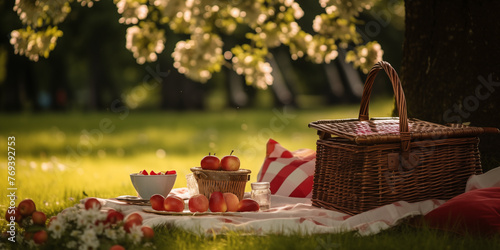 Basket with flowers near fruits on blanket in park. Summer picnic. Summertime  relax  vacation  holidays  weekend.