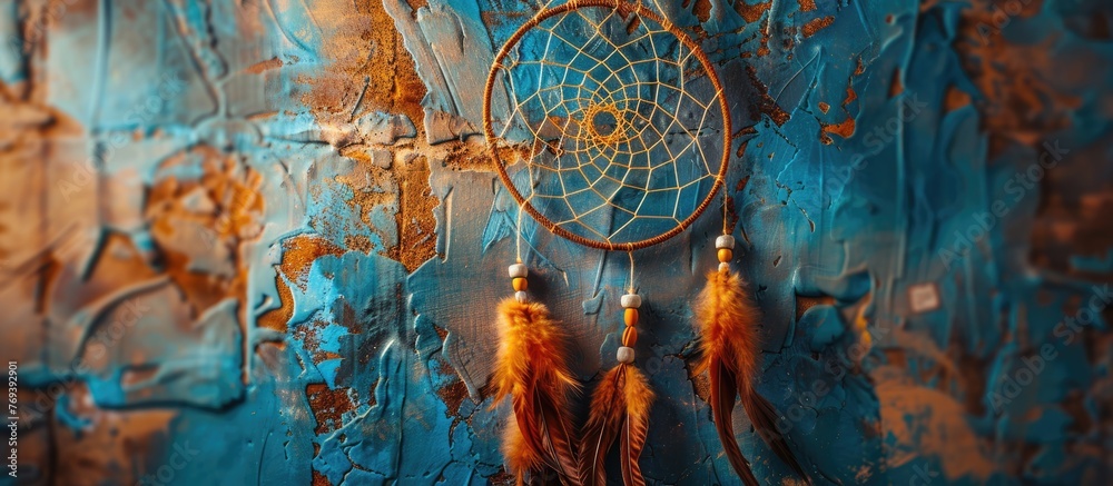 Dreamcatcher made of woven threads hanging on the wall