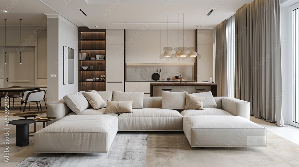 Modern Living room interior design white kitchen neutral color scheme
