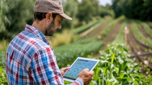 An agricultural technician uses a tablet with advanced software to analyze crop health in a sunlit agricultural field. AIG41