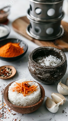 A bowl of rice with carrots and spices on a table. The spices are in a variety of colors and sizes, and the carrots are cut into small pieces. The bowl of rice is surrounded by other bowls and spoons
