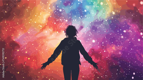 A person silhouetted against a vibrant cosmic backdrop