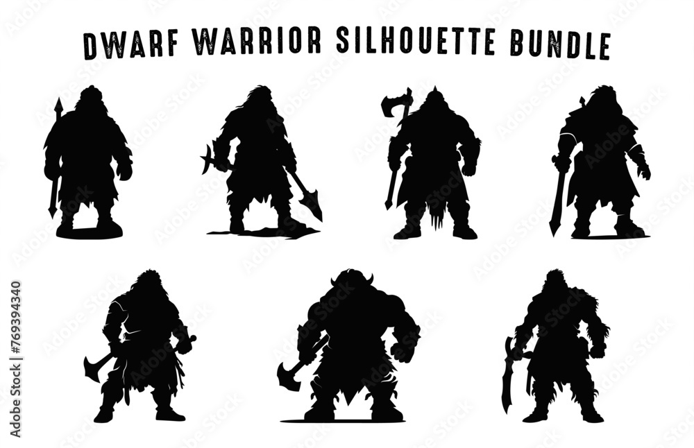 Dwarf Warrior Silhouette vector bundle, Dwarf with axe black Silhouettes Clipart Set