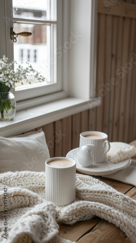A white blanket is draped over a wooden table with two white coffee mugs and a white plate. The scene is cozy and inviting, with a view of the outside through a window