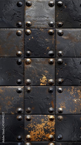 Numerous metal rivets are securely fastened to a wall, creating an industrial and textured backdrop, background, wallpaper