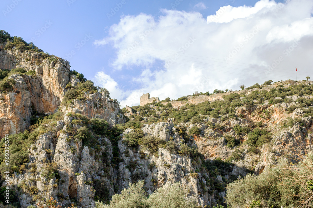 Panoramic view on antique roman theater in Demre. The ancient city of Myra, Lycia region, Turkey.