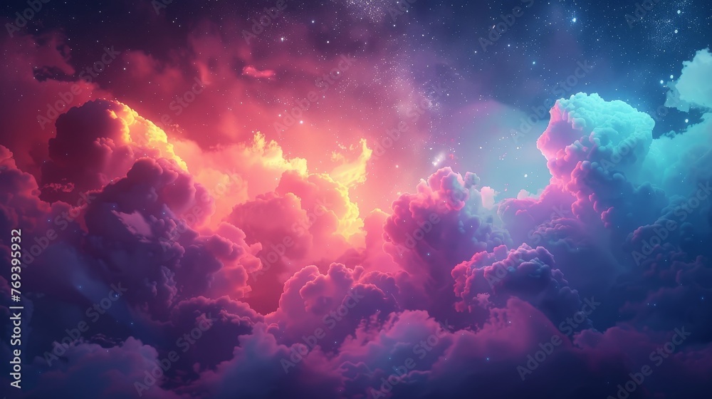 Fantasy-like night sky with colorful clouds and soft, glowing stars