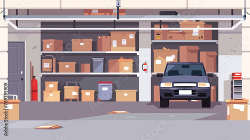 An image of a garage crowded with boxes and a car. Flat