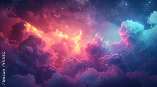 Fantasy-like night sky with colorful clouds and soft  glowing stars