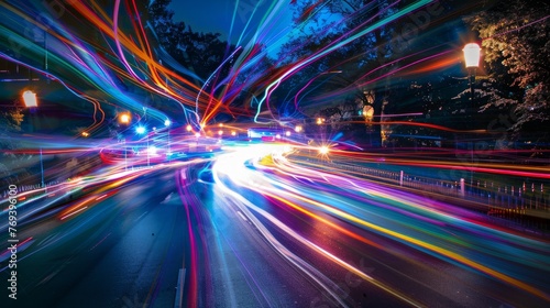 Vibrant light trails illuminating the urban night: capturing the dynamic energy of cityscape movement)