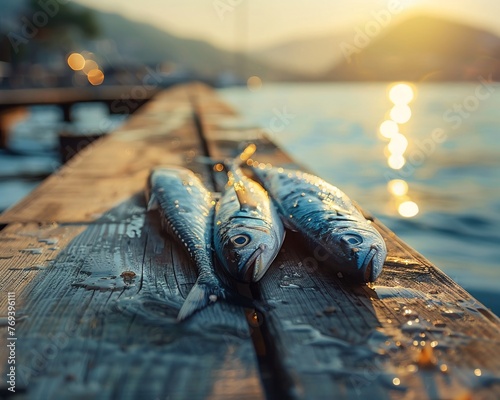 Fish bait on a wooden dock, early morning, preparation, photo