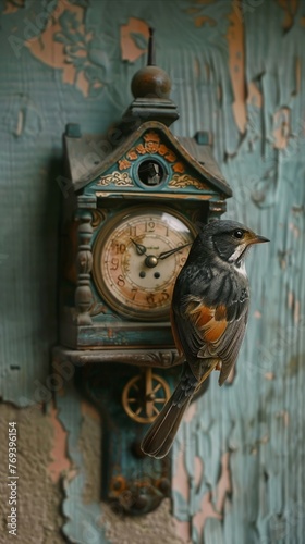 A charmingly waggish cuckoo clock on a pastel wall, the little bird about to announce the turn of the hour  photo