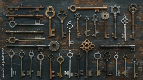 A collection of antique keys spread out on a dark wooden table, each with its own story and origin 