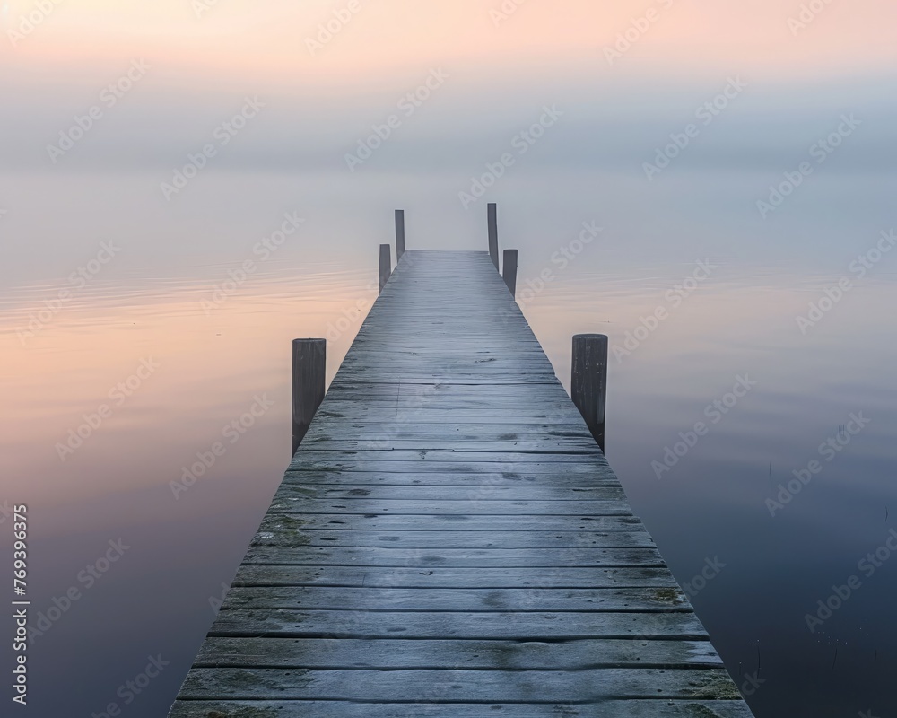 Fototapeta premium A small, rustic pier jutting into a fogcovered lake at dawn, the calm water mirroring the soft hues of the morning sky 
