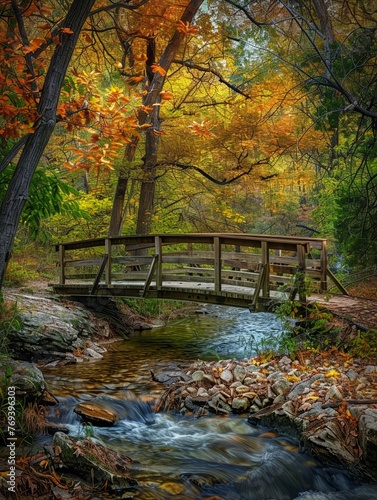 A quaint  wooden footbridge over a gentle stream  surrounded by the vibrant colors of autumn foliage 