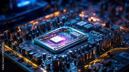 Step into a digital wonderland with a mesmerizing motherboard processor, its intricate circuitry illuminated by a dazzling display of shimmering lights and blurred backgrounds
