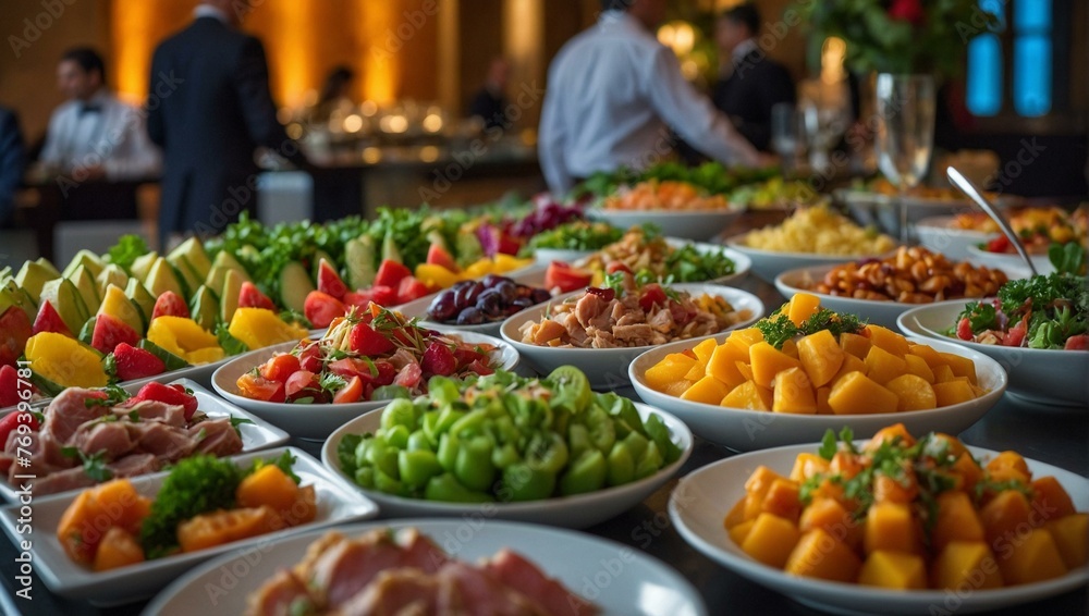 An array of colorful dishes presented on a buffet table, featuring fresh fruits, salads, and meats, perfect for culinary themes