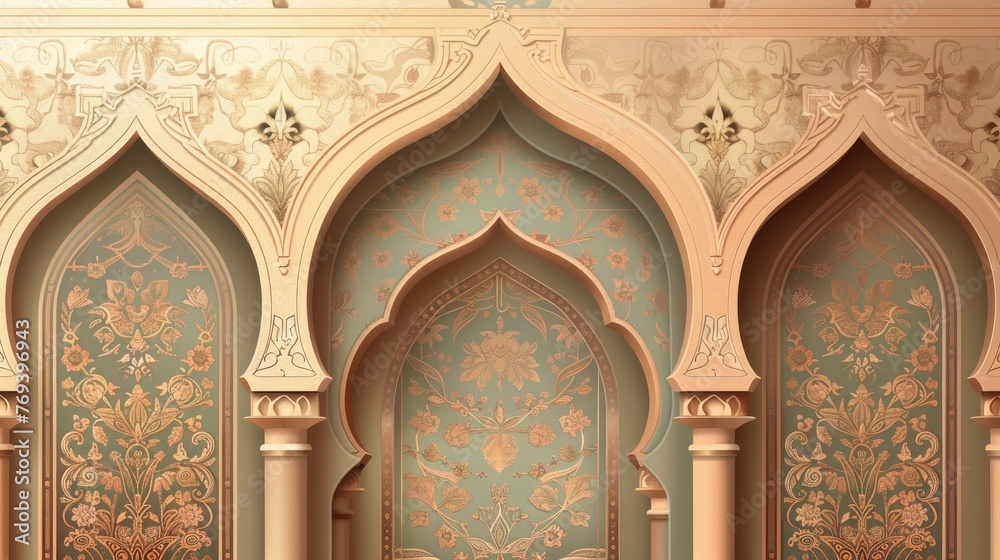 Islamic architectural detail showcasing intricate floral patterns and traditional arch designs.