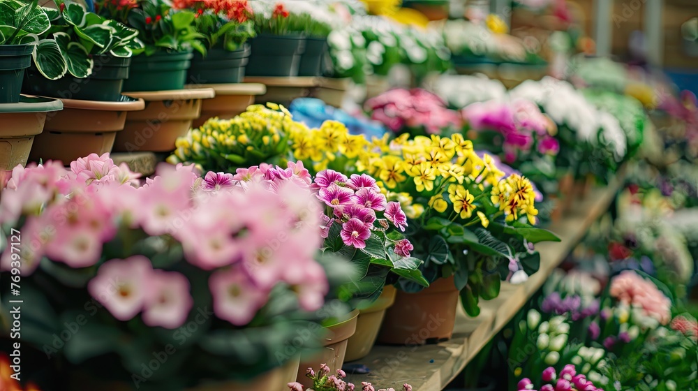 Assorted vibrant potted flowers displayed on shelves in a bright garden center.