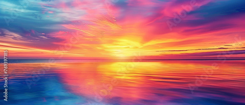 A coastal sunset with the colors of the sky reflecting off the water, forming a splendid gradient of colors on the horizon, captured in high-definition to showcase its mesmerizing vibrancy.