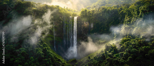 A majestic waterfall surrounded by lush greenery, with the mist catching the light to create a splendid gradient of colors, captured in high-definition to highlight its mesmerizing vibrancy.