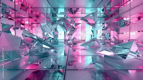 Futuristic tech background with vibrant aqua and pink 3d render featuring reflective glass pieces - cybernetic abstract art for design projects and concepts