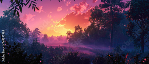 A lush forest at sunrise, with the colors of the sky forming a splendid gradient of pinks and oranges, all captured in high-definition to showcase its mesmerizing vibrancy.