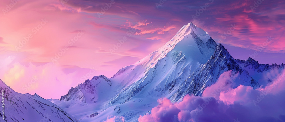 A snowy mountain peak catching the first light of dawn, with the sky above displaying a splendid gradient of colors, all captured in high-definition to emphasize its mesmerizing vibrancy. - obrazy, fototapety, plakaty 