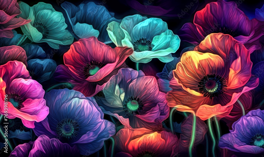 Background of a bunch of iridescent poppy flowers, spring wallpaper design. Generative ai