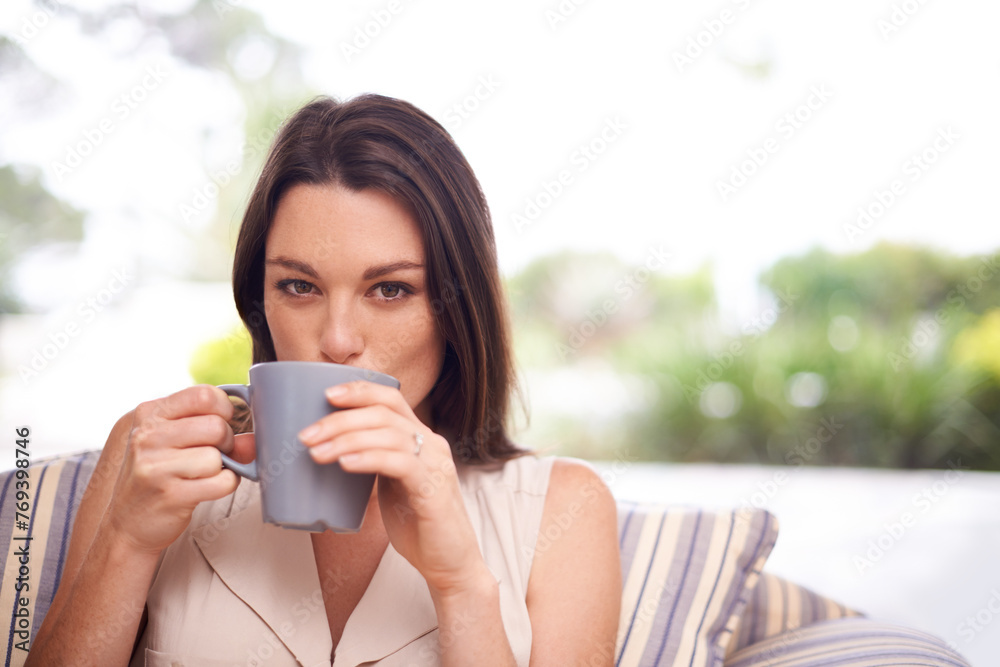 Woman, home and sofa with drinking coffee to relax or chill on break, day off and enjoy. Portrait, female person and happy in living room on couch with cup of tea for peace and calm in lounge. Woman, home and sofa with drinking coffee to relax or chill on break, day off and enjoy. Portrait, female person and happy in living room on couch with cup of tea for peace and calm in lounge.