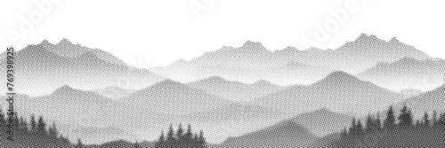 Vector halftone dots background, fading dot effect. Imitation of a mountain landscape, banner, shades of gray.	