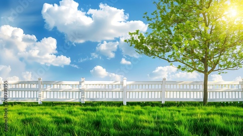 White fence and green grass garden on spring landscape  © Катерина Спіжевска