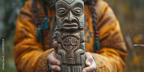 Ancient culture, tradition cult, magic spell purpose concept. Colorful tall wooden man face totem pole with in hand of person. Spirit object ceremony of sacramental beliefs