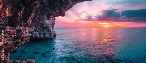 A coastal cliff overlooking the ocean, with the colors of the sunset casting a splendid gradient of colors across the water, captured in high-definition to highlight its mesmerizing vibrancy.