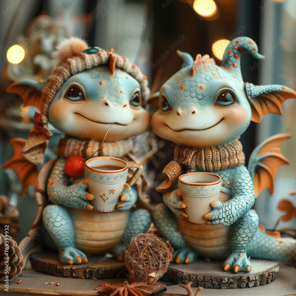 Adorable 3D dragon figurines with holiday decorations, isolated on a bright background.