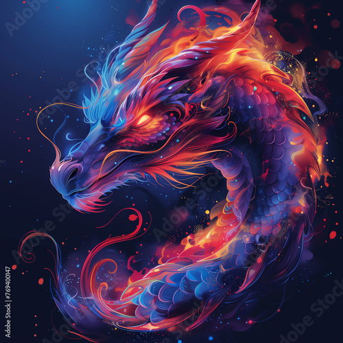 A set of cute illustrations of dragons in red and blue colors holding coffee cups in their hands.
