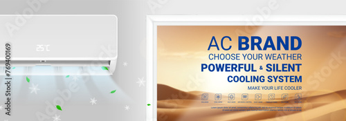 Horizontal banner of air conditioner. Realistic vector illustration with air conditioner in room with window and desert outside. Modern split system climate control for home. Product mockup concept.