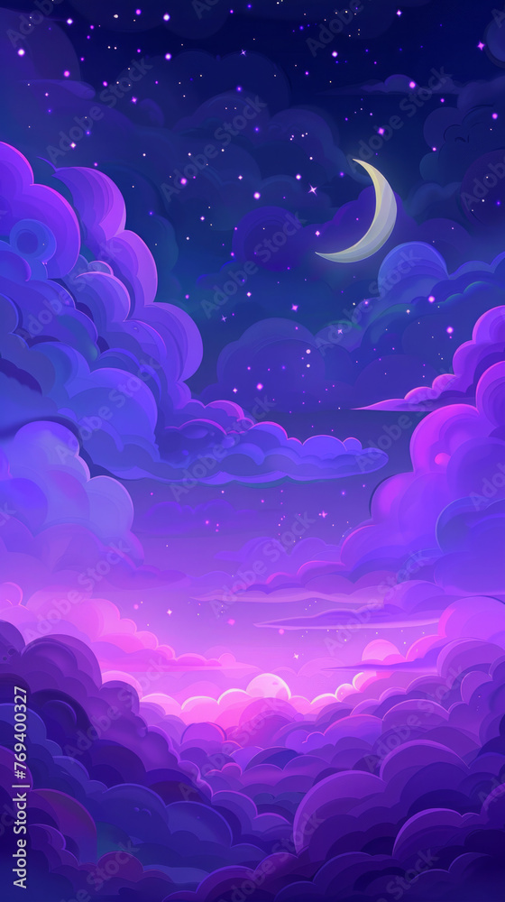 Purple evening mystical crescent moonlight sky with clouds and stars tranquil gentle slumber relaxing meditation cosmos phone background backdrop wallpaper Purple evening mystical crescent moonlight sky with clouds and stars tranquil gentle slumber relaxing meditation cosmos phone background backdrop wallpaper