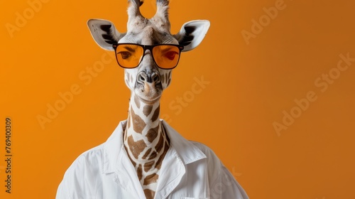 Giraffe Illustration: Stylish Twist in White Shirt & Sunglasses on Vibrant Orange Background