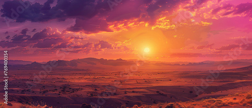 A desert landscape at dusk  with the sky ablaze in a splendid gradient of oranges and purples  captured in high-definition to showcase its mesmerizing vibrancy.