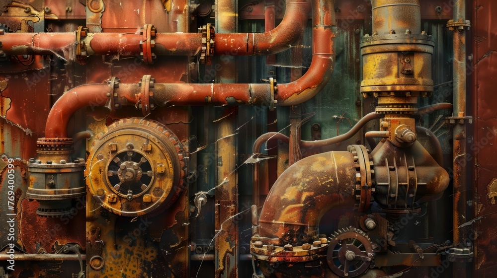 Industrial steampunk pipes: intricate illustration of vintage piping system, rustic metalwork art for creative projects
