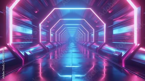 Abstract neon background with glowing lines and reflection in the floor of an empty tunnel or space ship interior. 3D illustration.