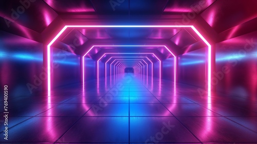 Fototapeta Naklejka Na Ścianę i Meble -  Abstract neon background with glowing lines and reflection in the floor of an empty tunnel or space ship interior. 3D illustration.